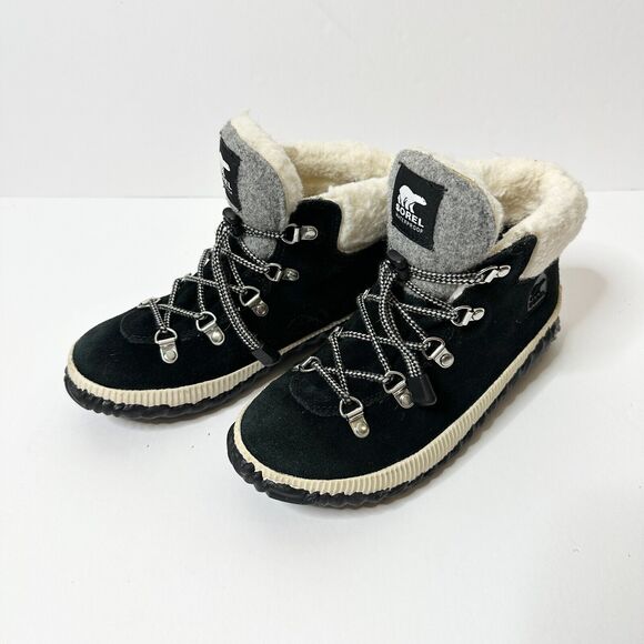 SOREL Boots Women 5 M Black Suede Shearling Rubber Sole Out N About Ankle NEW - Picture 1 of 8